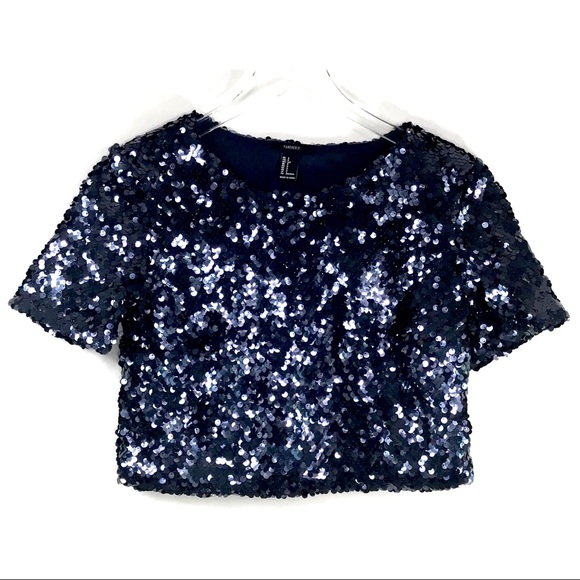 Forever 21 Tops - Forever 21 Dark Blue Sequin Crop Top Size Small